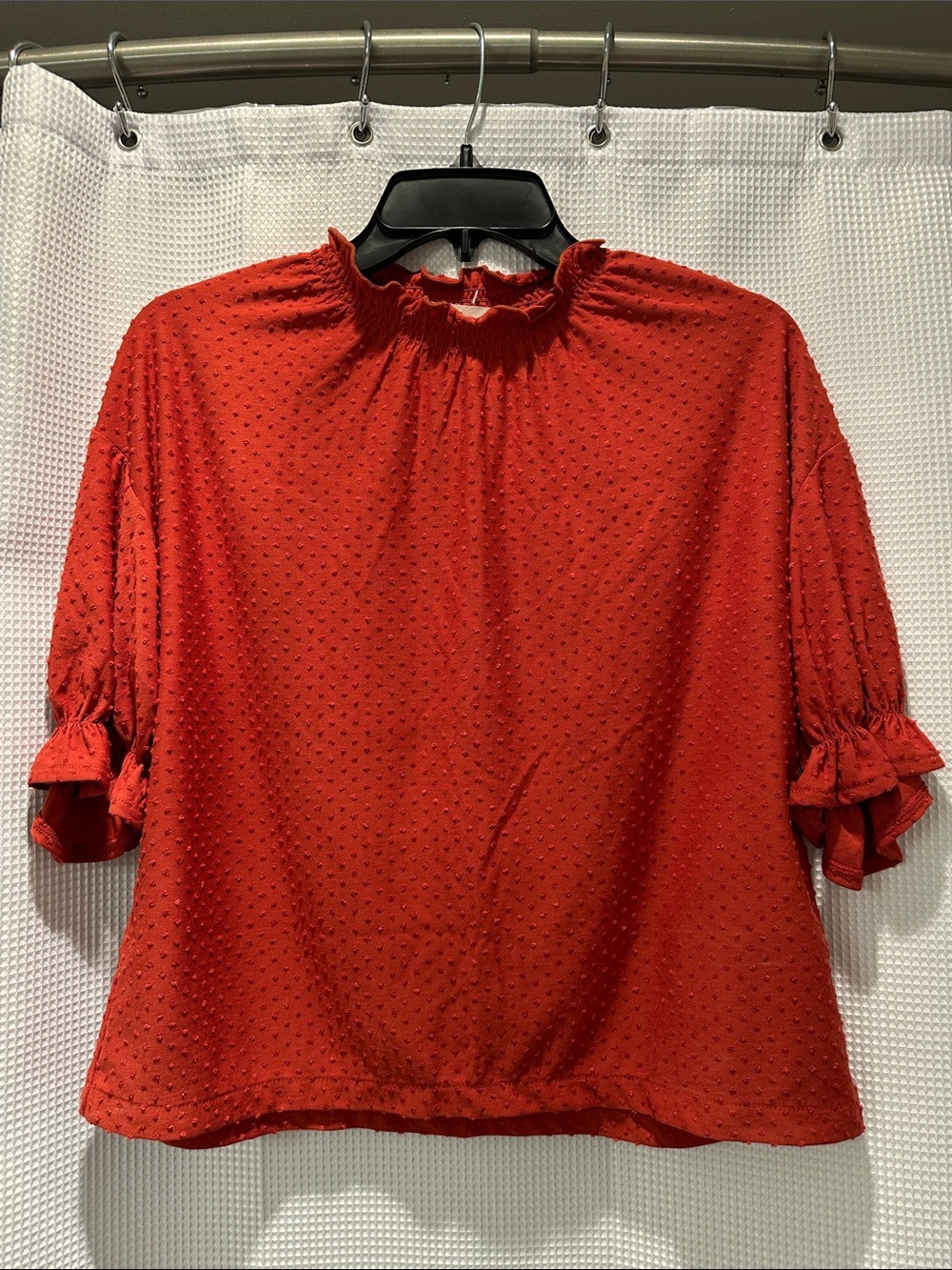 Madewell Red Textured Ruffle Mock Neck Blouse